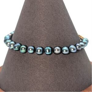 5mm Blue Green Hand Knotted Pearl Bracelet 14K Gold Filigree Slide In Hook Clasp